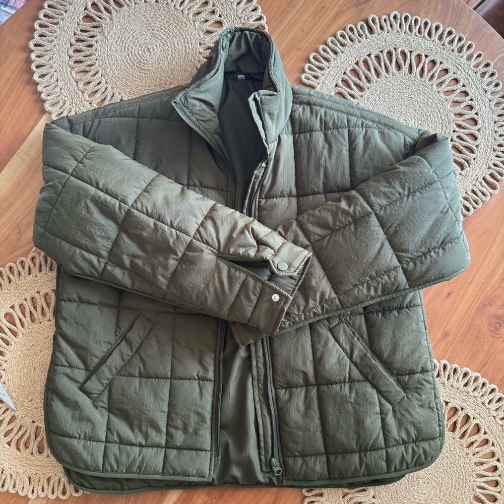 Women's GREEN Quilted Jacket Lightweight Zipper Short Coat With Pockets - Picture 4 of 5